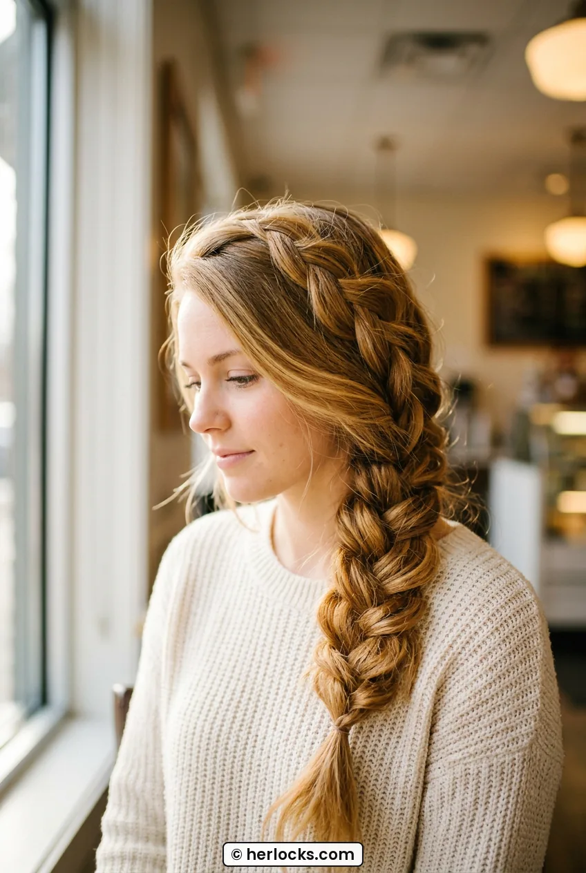 Woman with long honey blonde side braid over her shoulder in warm window light