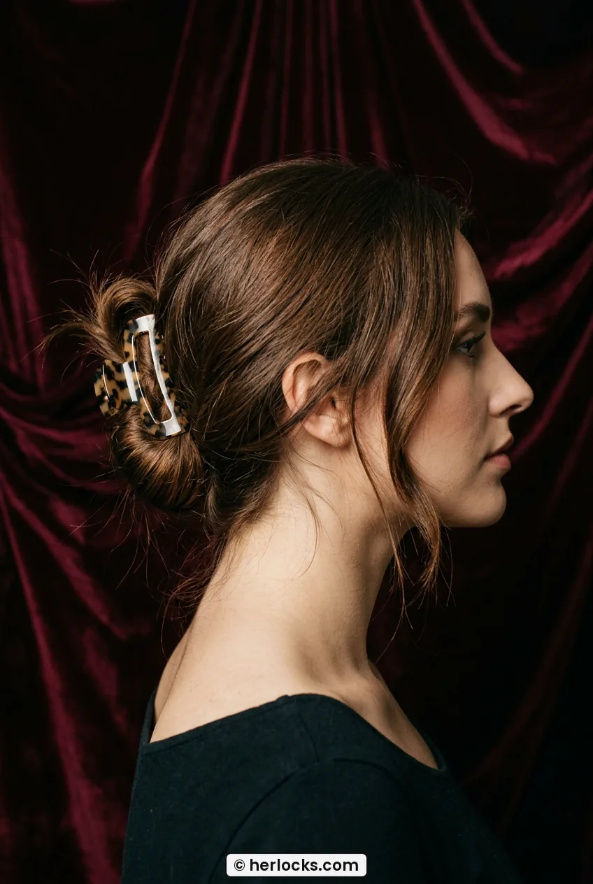 Woman with low twisted claw clip bun showing lived-in texture in side profile