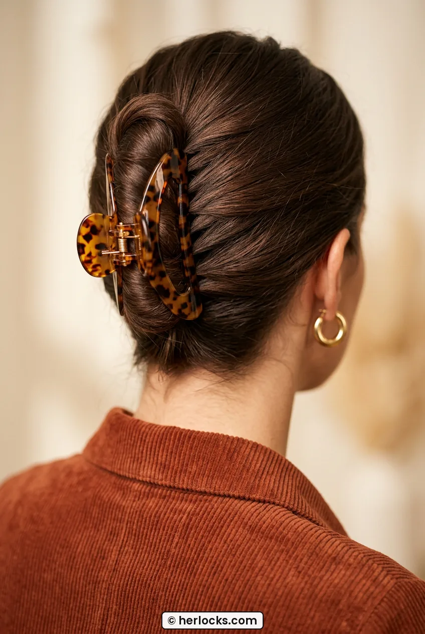Woman with long brown twist secured with tortoise claw clip from behind