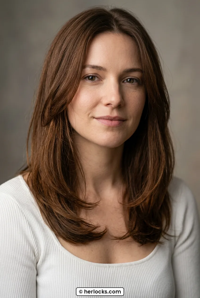 Woman with chestnut brown collarbone hair with bent ends falling forward over shoulders