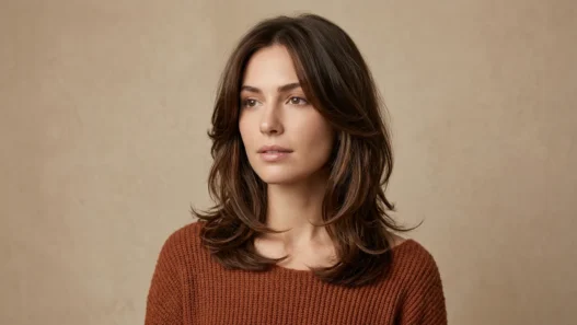 Woman with collarbone length layered brunette hair showing full shape in soft studio light