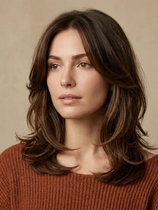 Woman with collarbone length layered brunette hair showing full shape in soft studio light