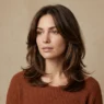 Woman with collarbone length layered brunette hair showing full shape in soft studio light