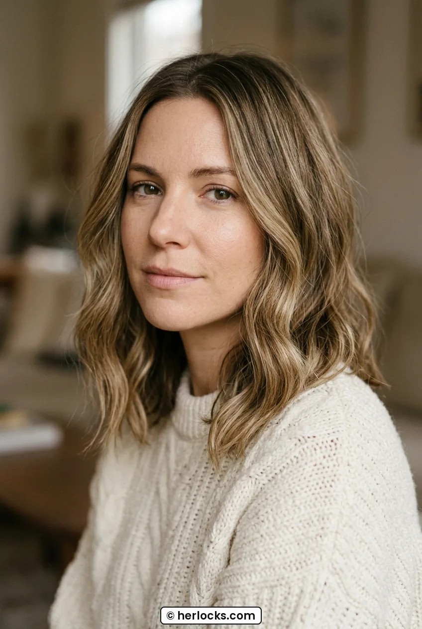 Woman with collarbone length textured lob and loose waves wearing cream sweater