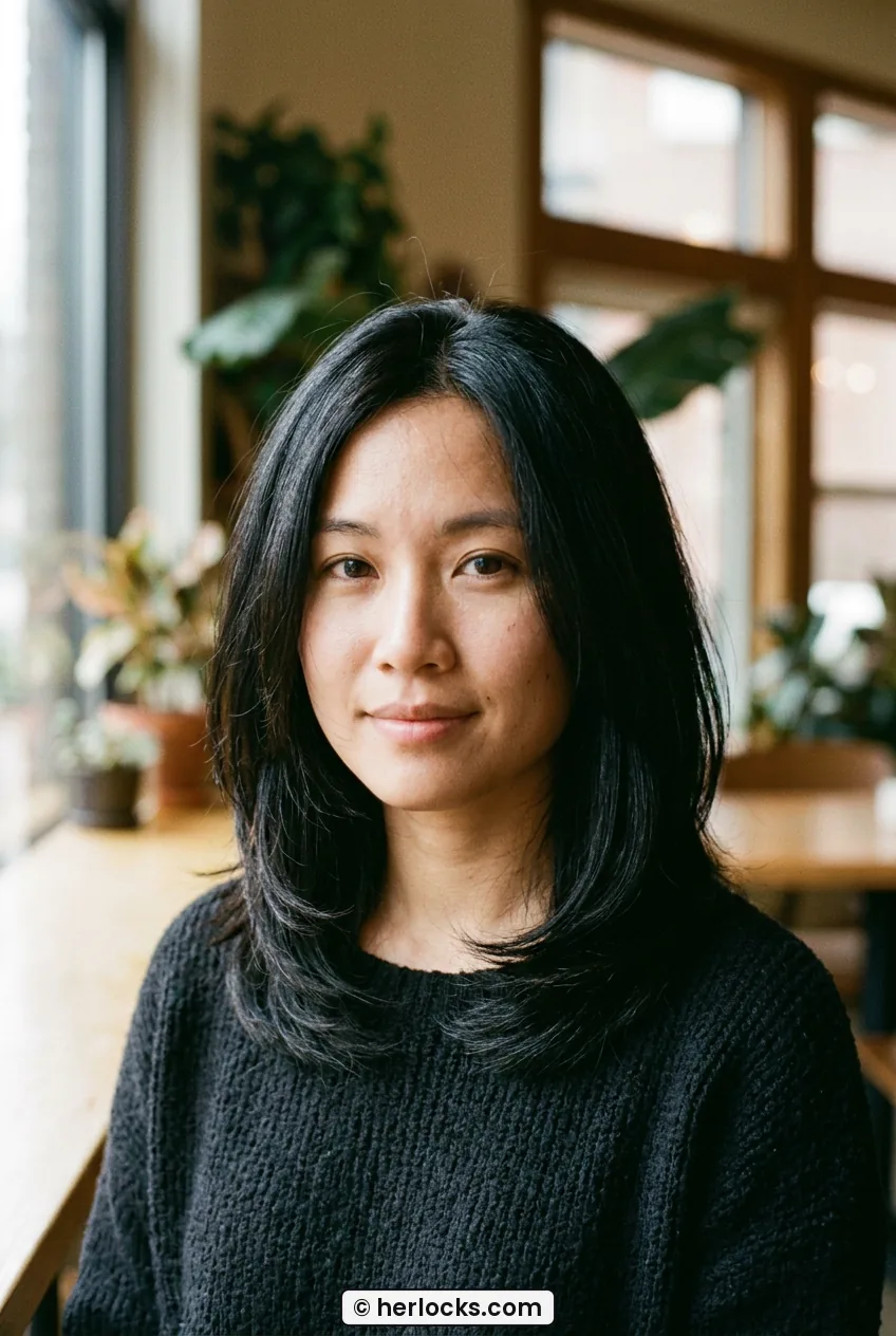 Woman with collarbone lob haircut and soft layers glowing in cafe window light