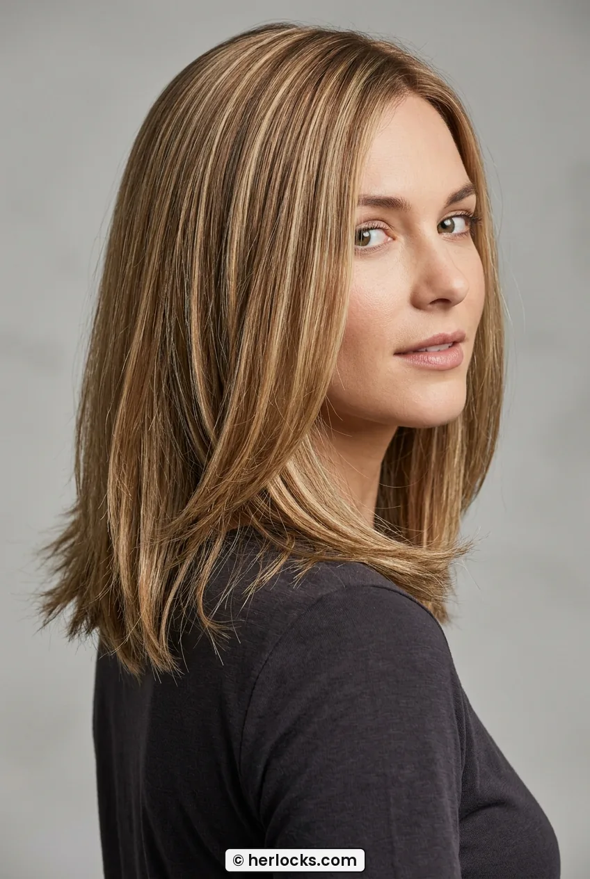 Woman with long layered bob grazing collarbone showing low soft layers