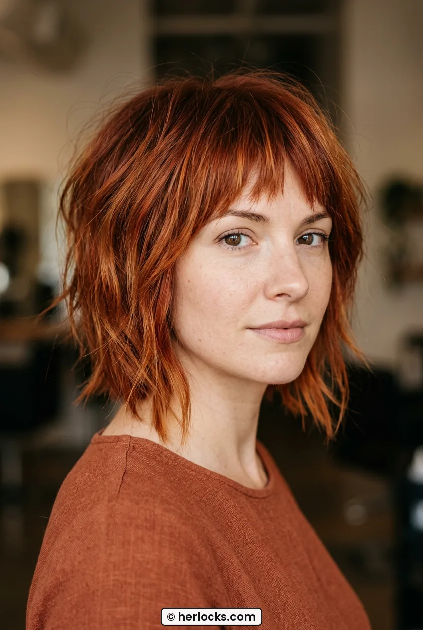 Woman with copper asymmetric shaggy bob showing piecey texture and warm tones