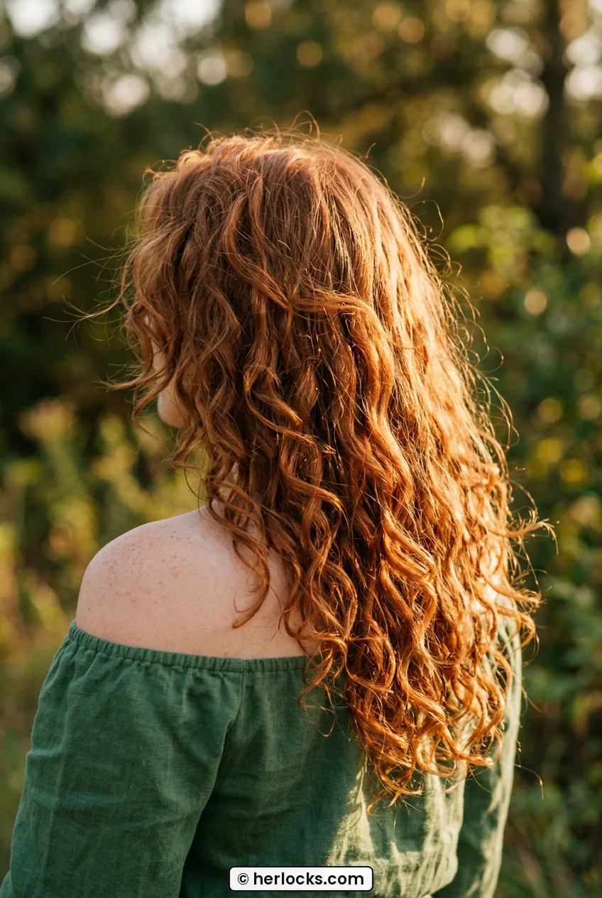 Woman with long copper curls viewed from back showing flow past shoulders