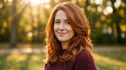 Woman with burnished copper layered medium hair glowing in golden hour sunlight outdoors