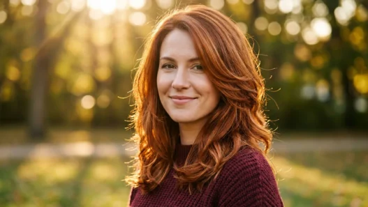 Woman with burnished copper layered medium hair glowing in golden hour sunlight outdoors
