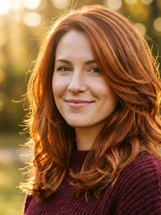 Woman with burnished copper layered medium hair glowing in golden hour sunlight outdoors