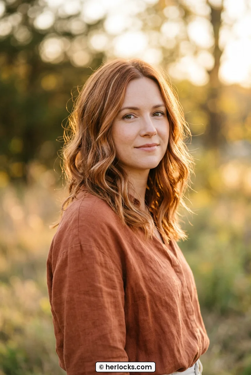 Woman with medium copper hair with ribbon highlights styled in loose waves outdoors