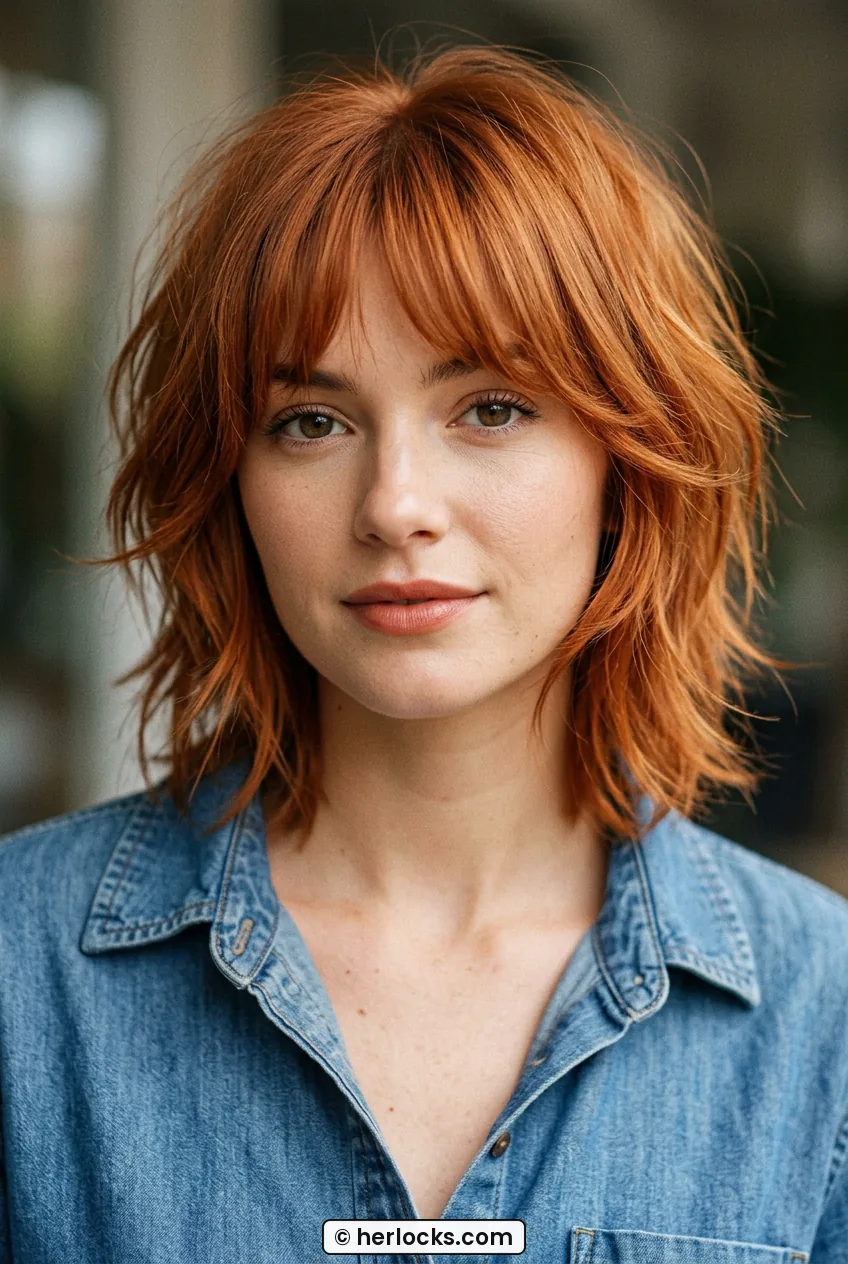 Woman with copper shaggy layers and curtain fringe framing jawline softly