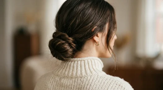Woman with low twisted bun at nape wearing cream sweater in soft studio light