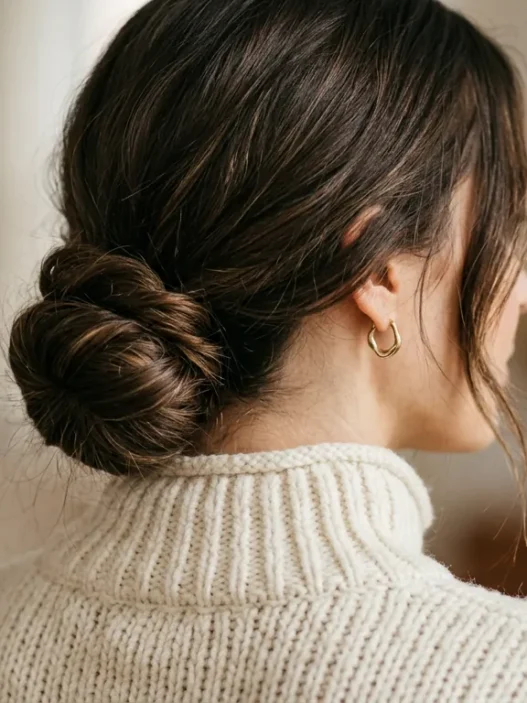 Woman with low twisted bun at nape wearing cream sweater in soft studio light