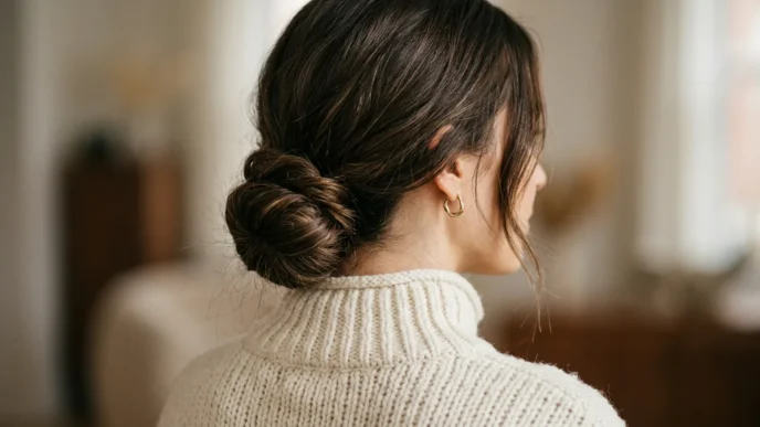 Woman with low twisted bun at nape wearing cream sweater in soft studio light