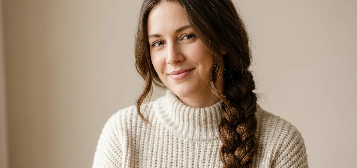 Woman with long brown hair in cozy winter braid smiling softly in neutral studio light