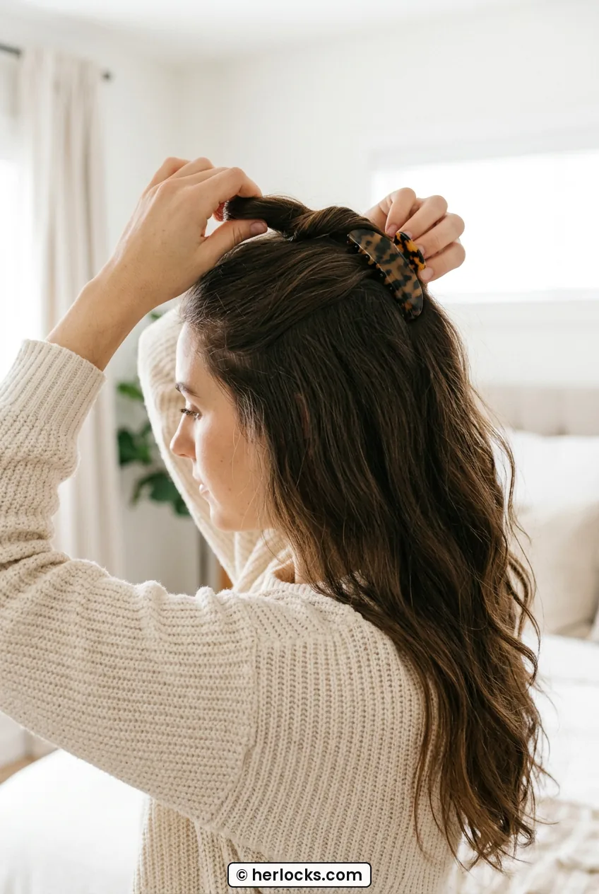 Woman with crown section clipped up while prepping lower hair for curling side view