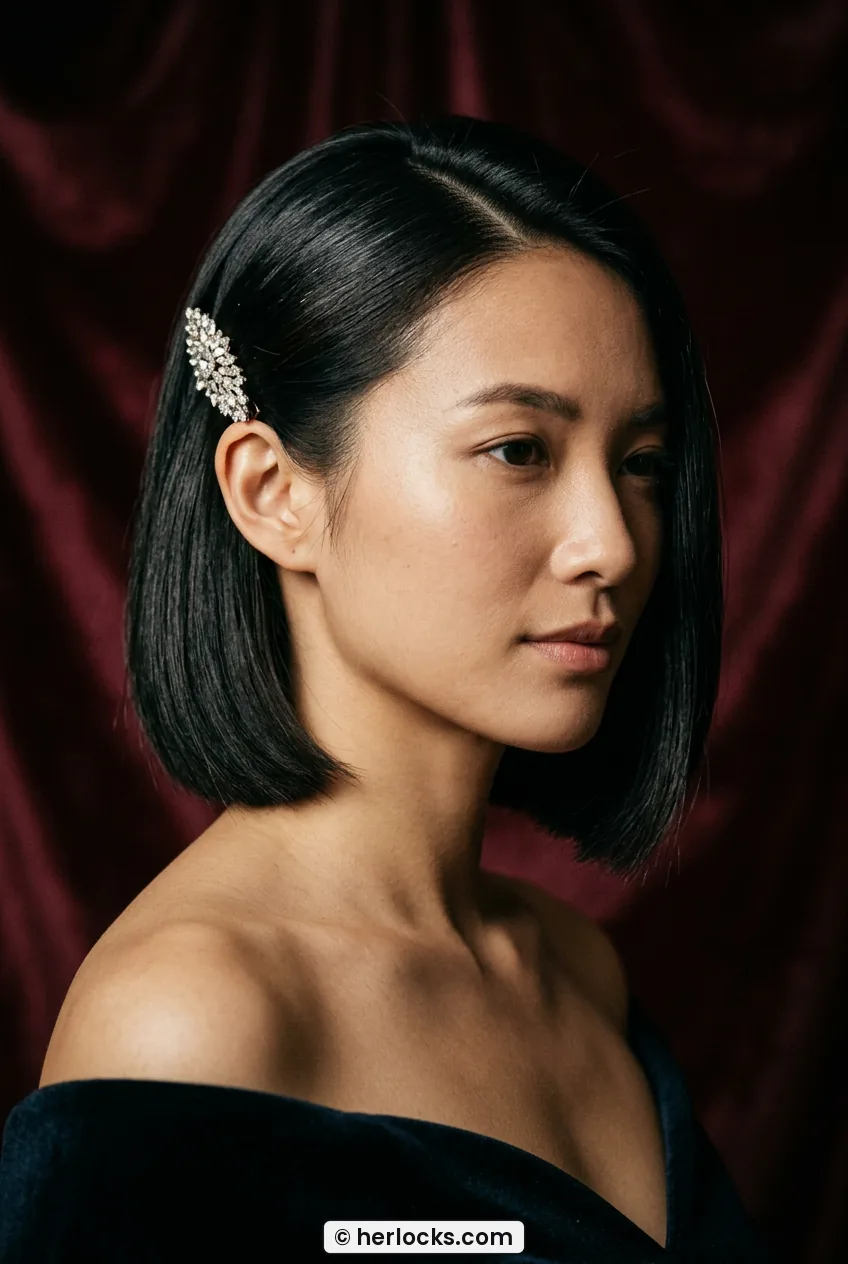 Woman with short black bob pinned behind ear with sparkling crystal clip