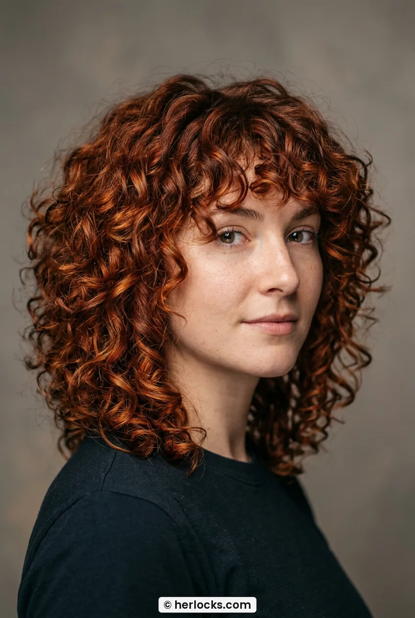 Woman with curly auburn shaggy bob and curly fringe showing rounded volume