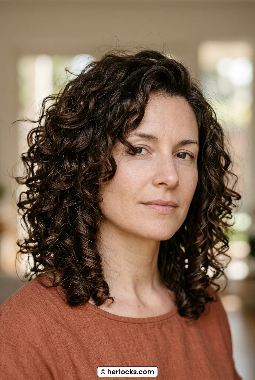 Woman with curly layered hair at collarbone showing defined curls around jawline