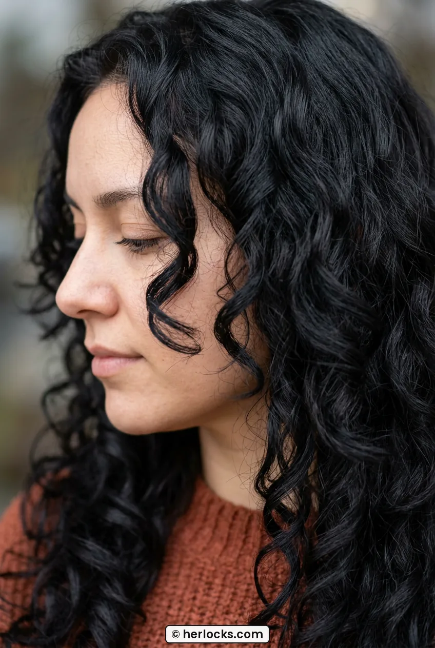 Side profile of woman with long black curly hair showing curls framing cheek and jaw