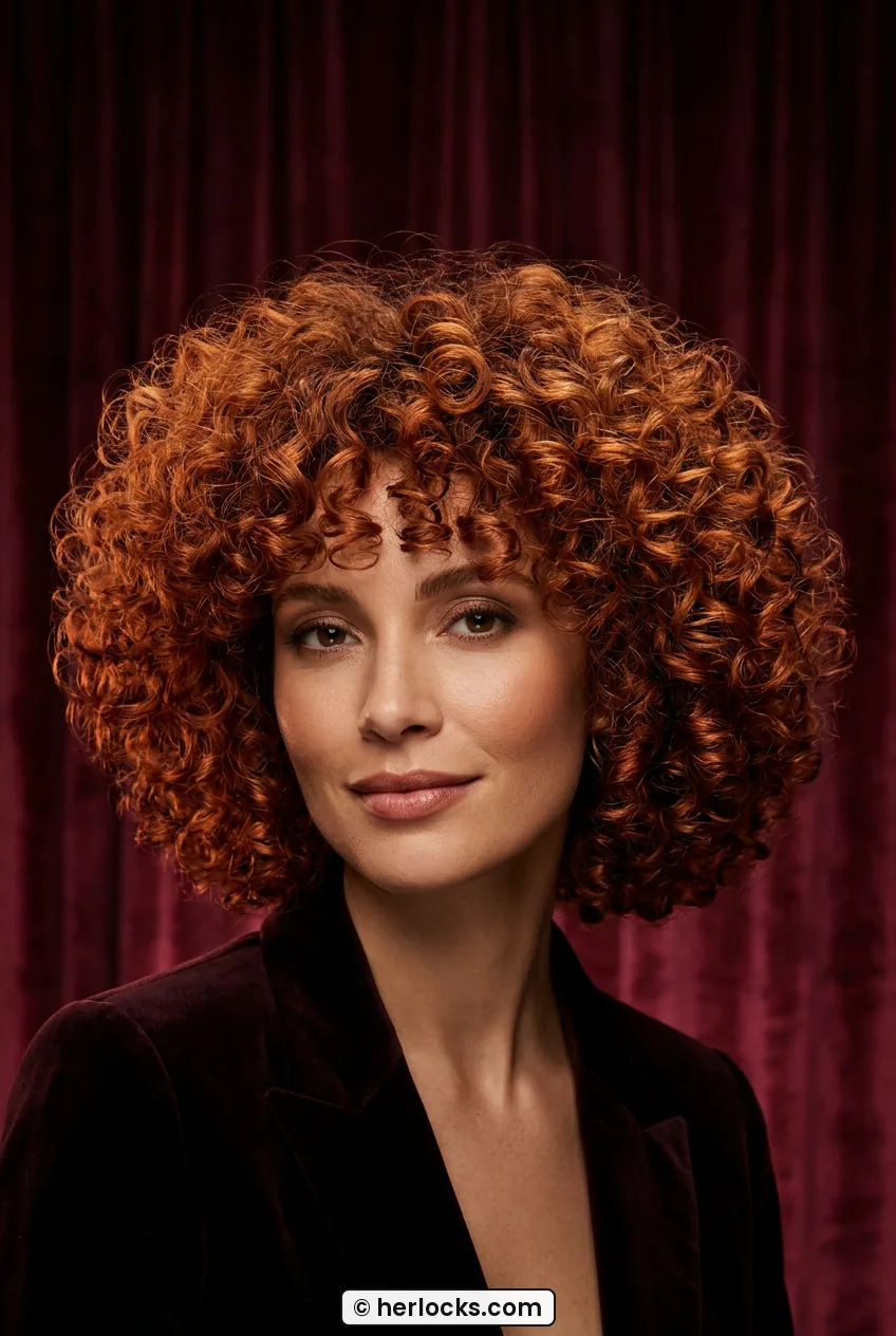 Woman with voluminous copper short curls diffused big with lifted crown
