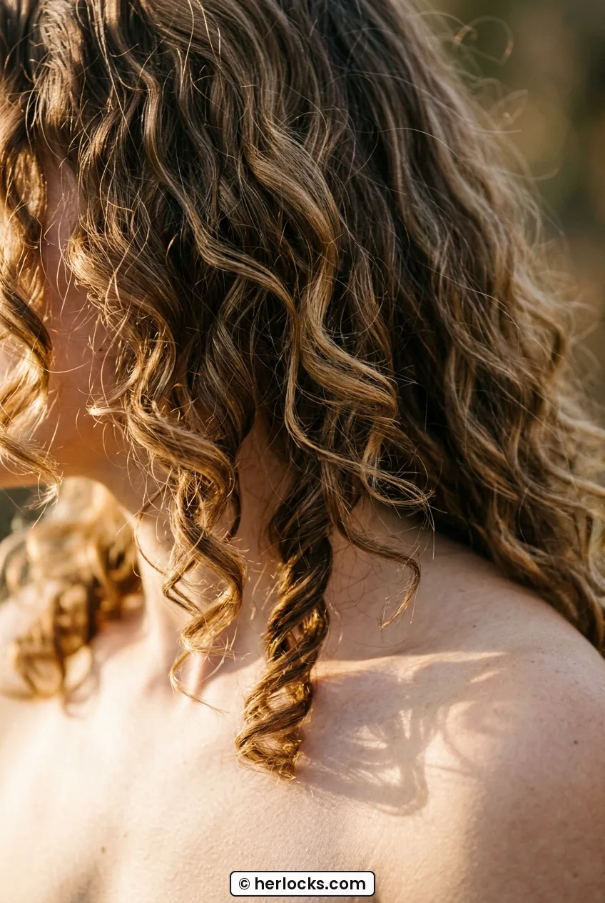 Close view of curly layered shoulder hair with soft defined curls over collarbone