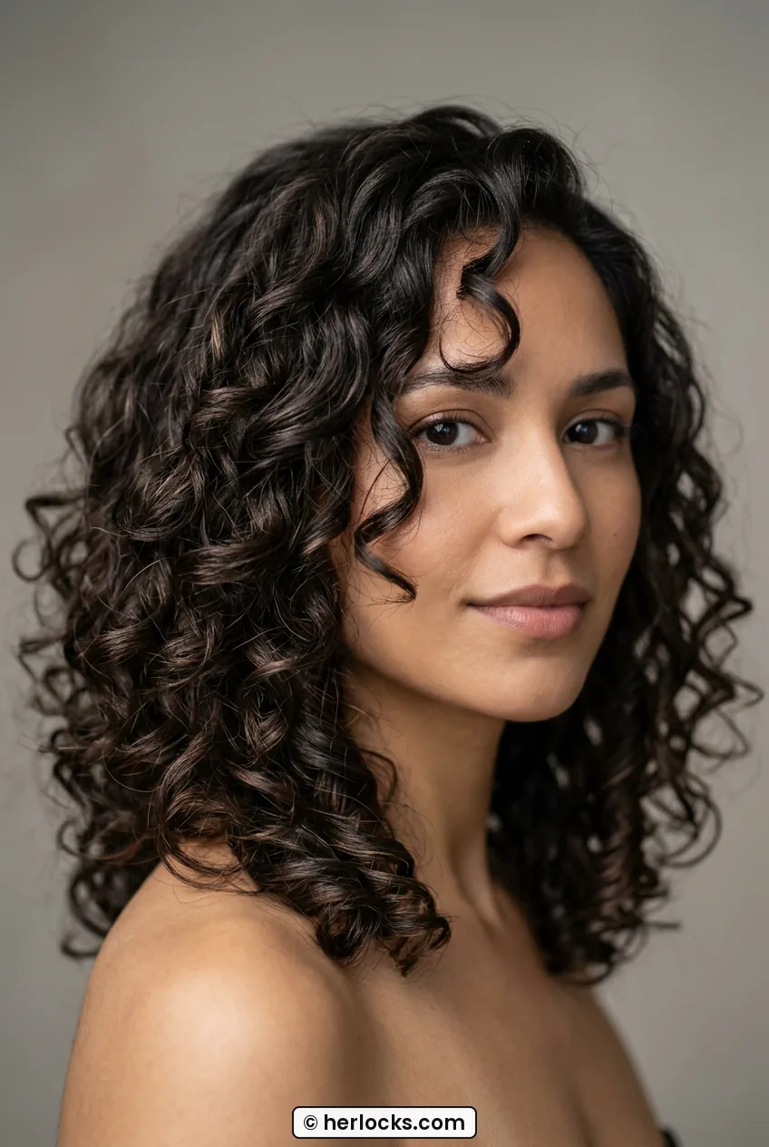 Woman with curly layered lob showing defined rounded curls at shoulder length