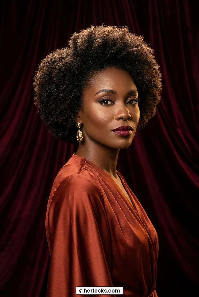 Woman with short voluminous natural curls shaped in rounded party puff