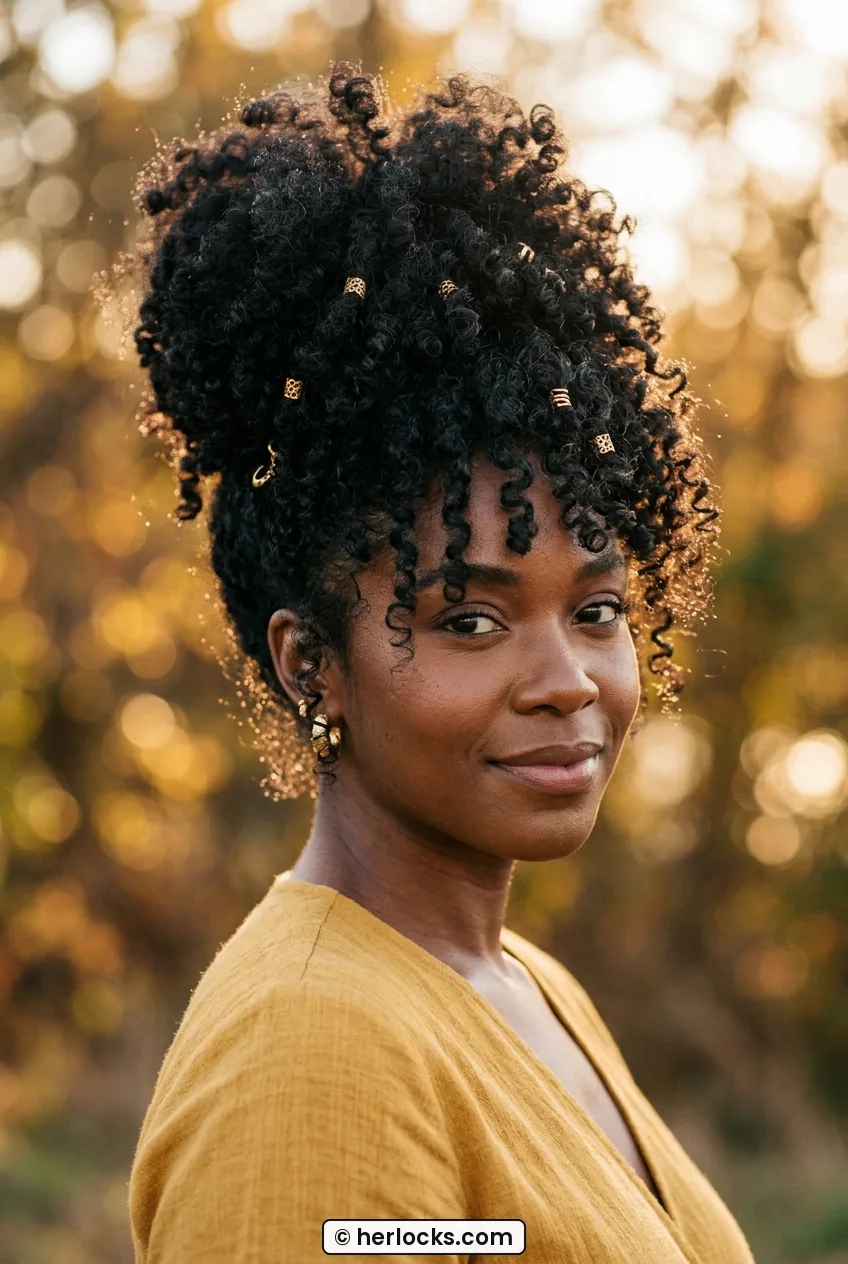 Woman with high curly pineapple updo decorated with small gold cuffs
