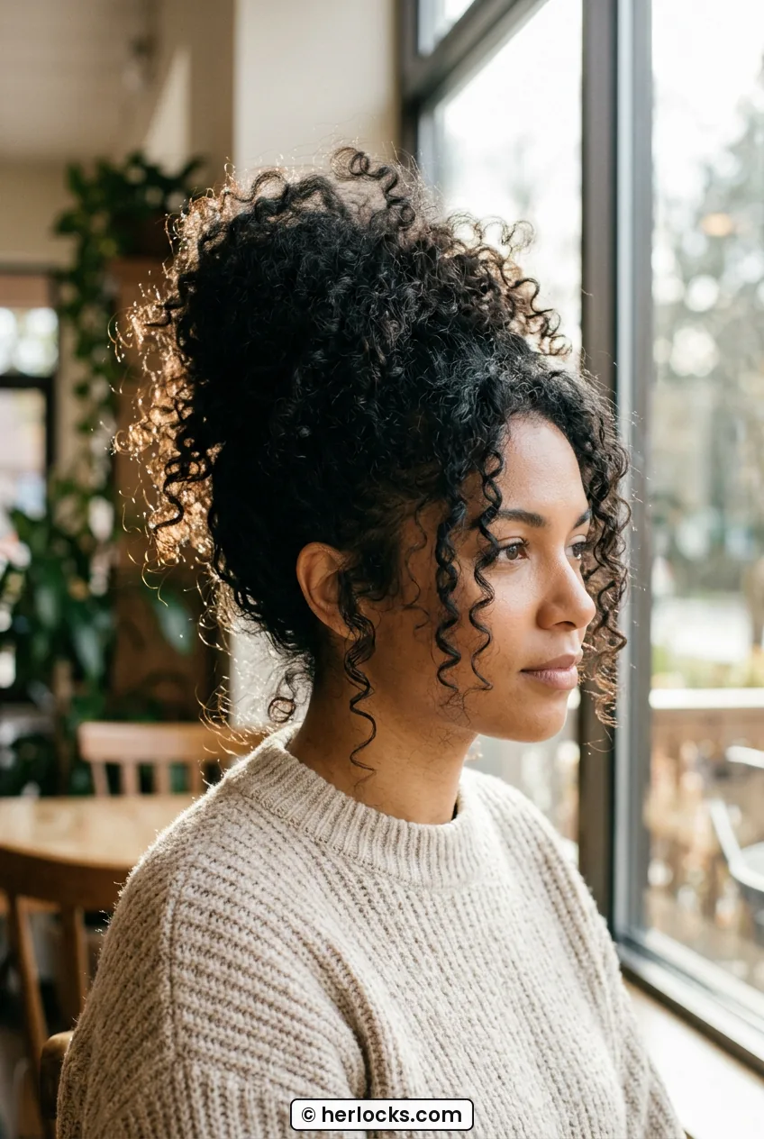 Woman with high pineapple curly updo showing volume and defined curl texture