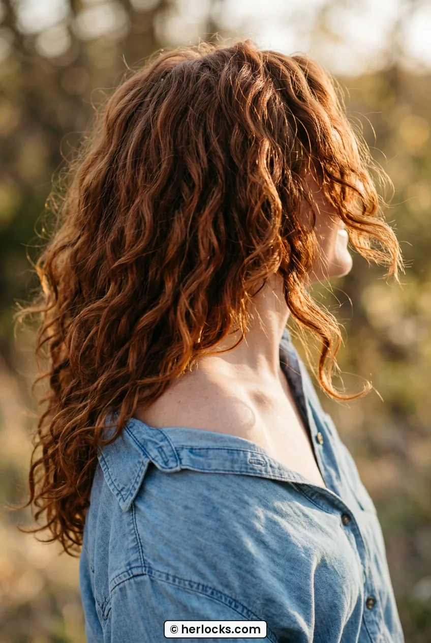 Woman with copper curly shag and voluminous long curls falling past shoulders
