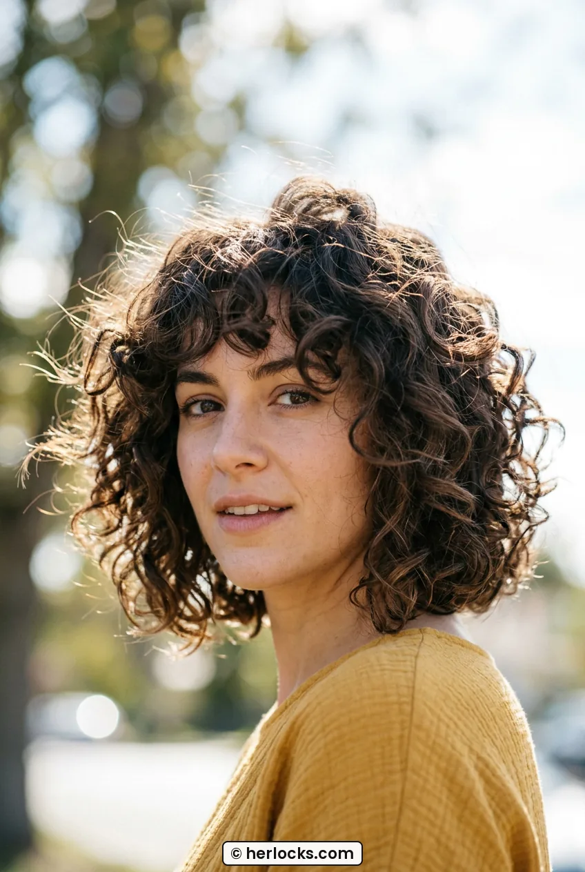 Woman with curly chin-length shaggy bob showing volume and face-framing layers in breeze