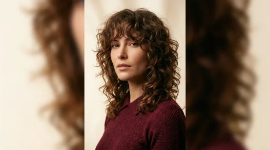 Woman with voluminous curly wolf cut and curtain bangs in soft studio light