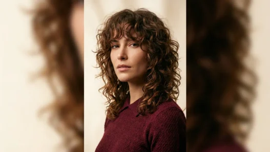 Woman with voluminous curly wolf cut and curtain bangs in soft studio light