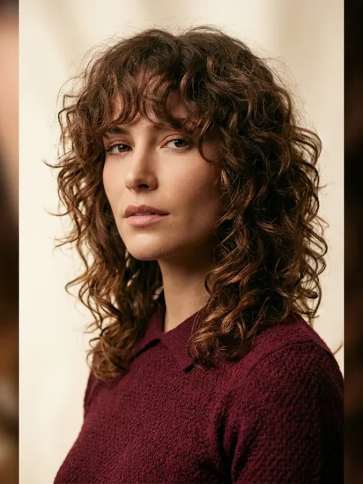Woman with voluminous curly wolf cut and curtain bangs in soft studio light
