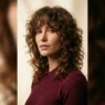 Woman with voluminous curly wolf cut and curtain bangs in soft studio light