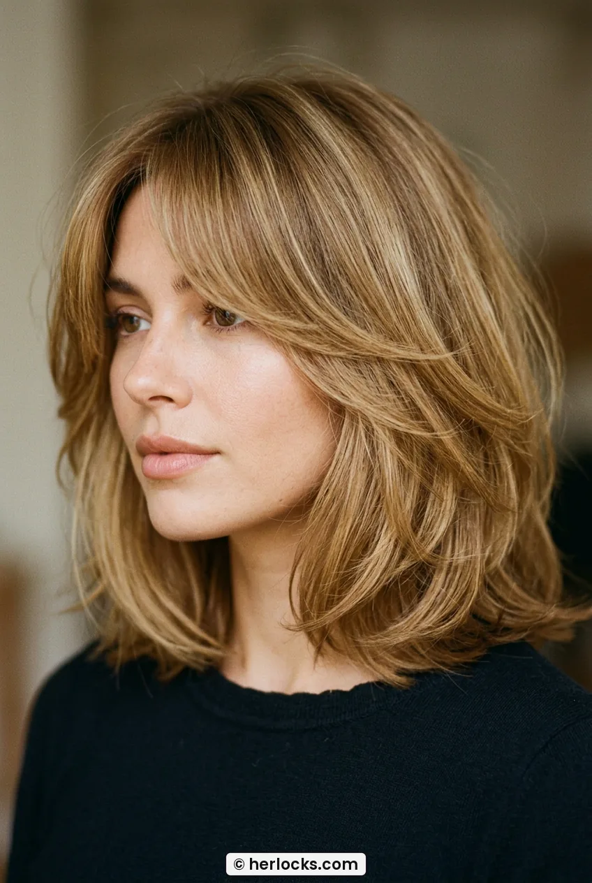 Woman with 90s layered bob showing cheekbone curtain bangs blending into sides