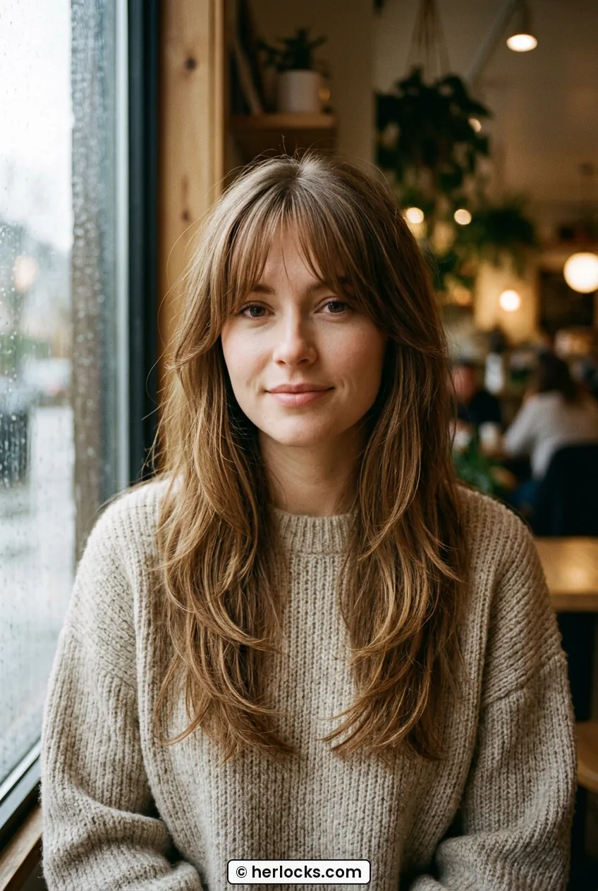 Woman with curtain bangs and face framing layers lit by soft window light