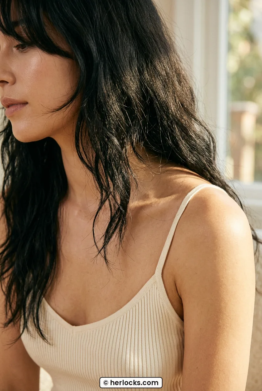 Woman with black long shag and curtain bangs showing feathered texture over collarbone