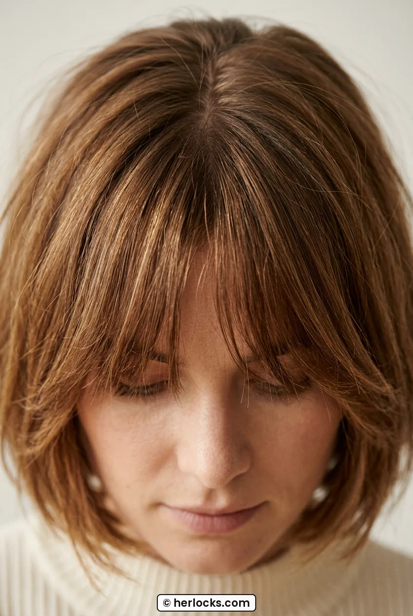 Woman with caramel brown bob showing wispy curtain bangs blending into cheek layers
