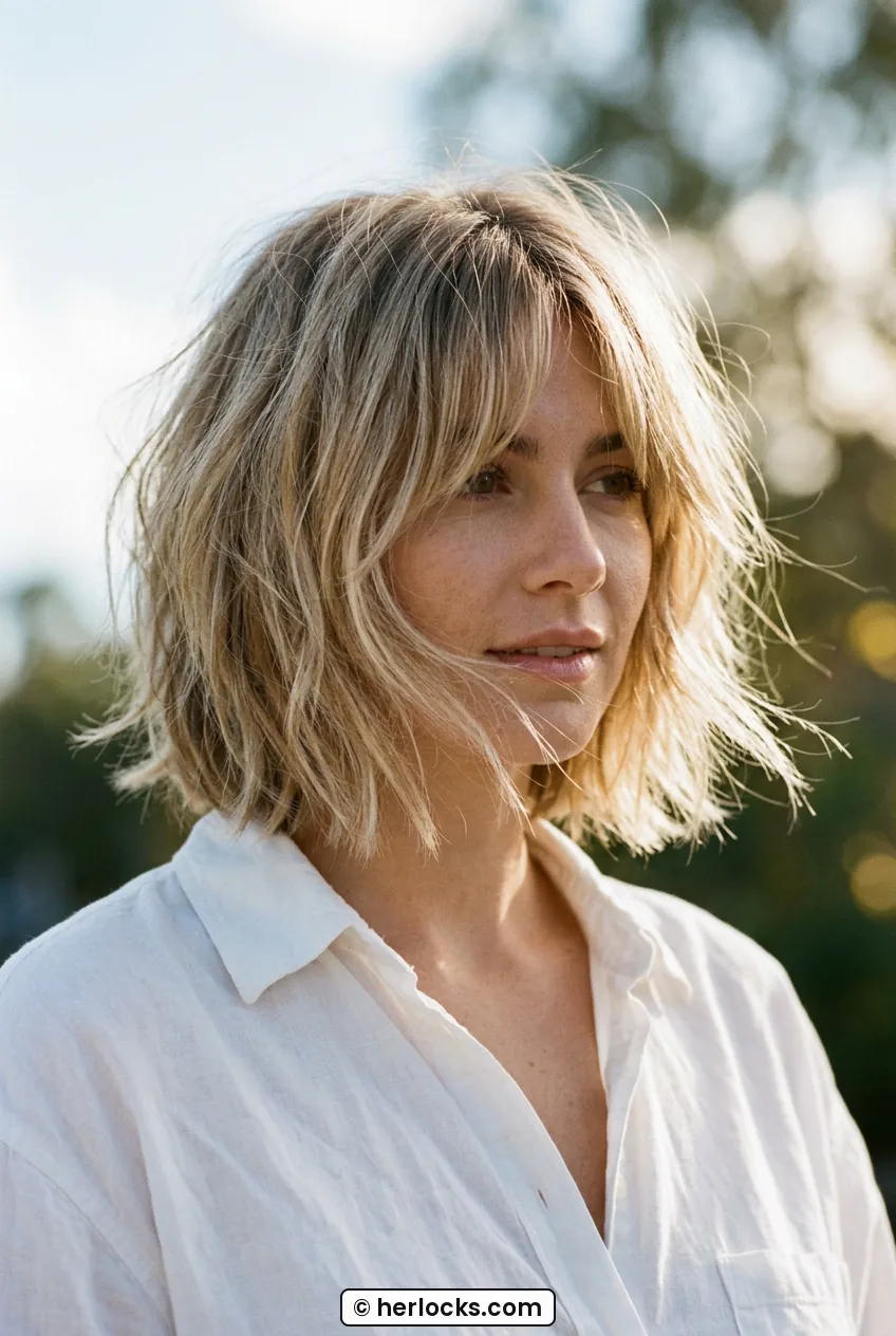 Woman with highlighted blonde shaggy bob and middle-parted curtain fringe in soft breeze