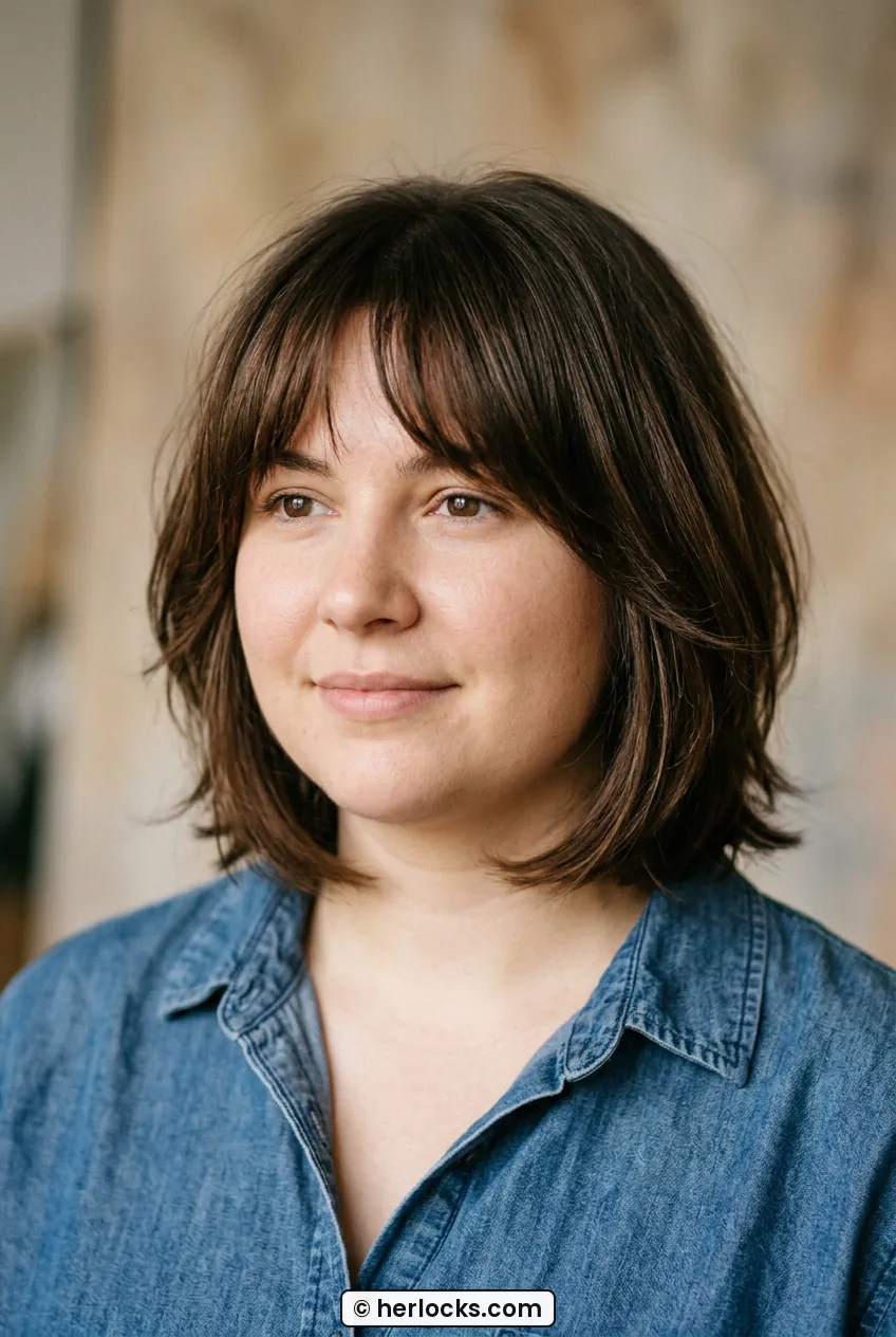 Woman with round face wearing layered bob with curtain-parted wispy bangs to collarbone