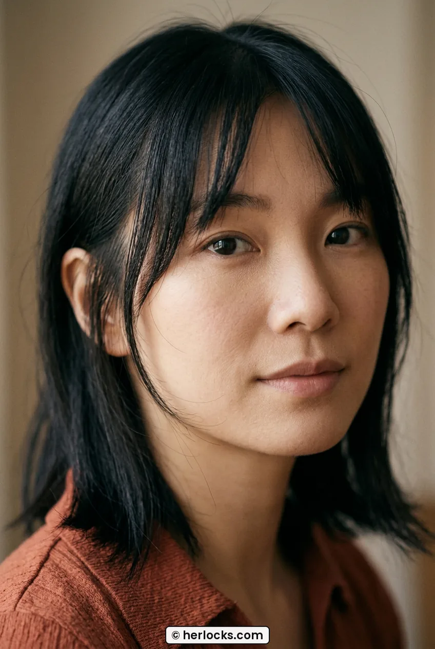 Woman with black mid length hair and center split curtain bangs framing temples