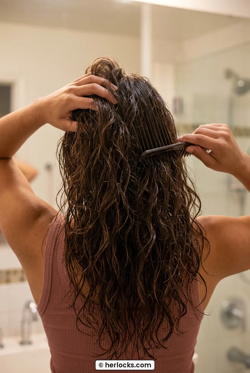 Woman with damp wavy hair being lifted and detangled with wide tooth comb