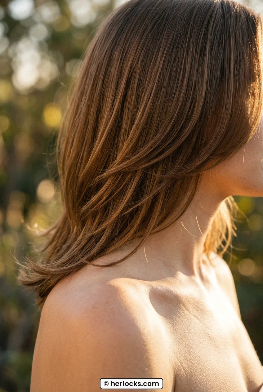 Side view of woman with chestnut medium layered haircut showing diagonal shape