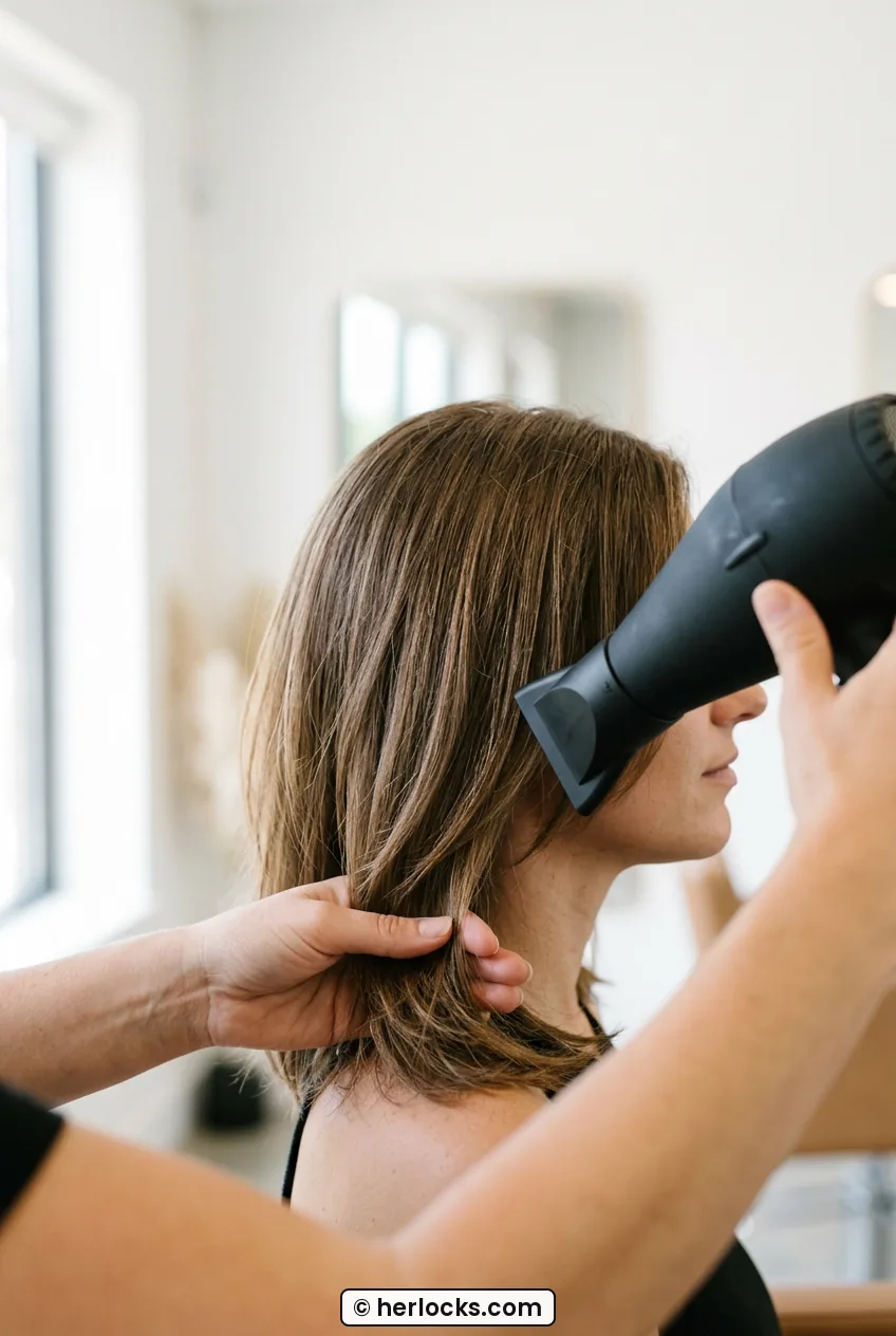 Hands blow-drying lower section of layered lob downward with nozzle in bright room