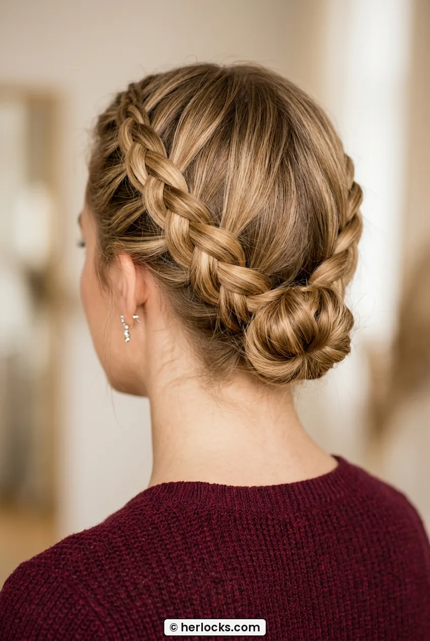 Woman with double Dutch braid crown into small low bun from behind