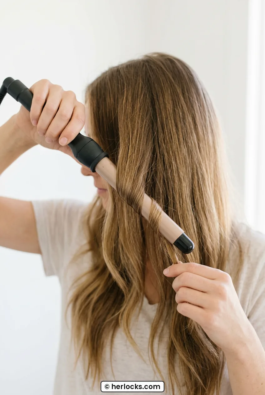 Woman curling long hair section with wand angled downward away from face